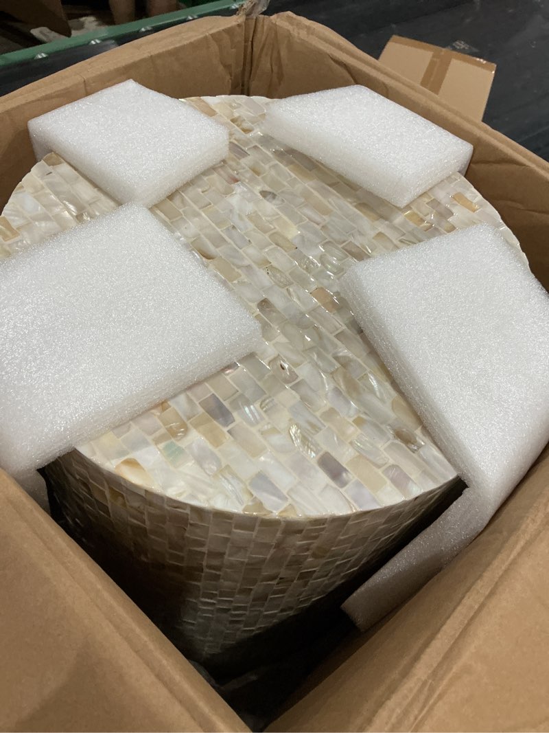 Condition photo showing Good Condition for pemar mother of pearl cylinder drum end table nacre side stool round accent table coffee bedside nightstand and vanity stool (pearl white & cream)
