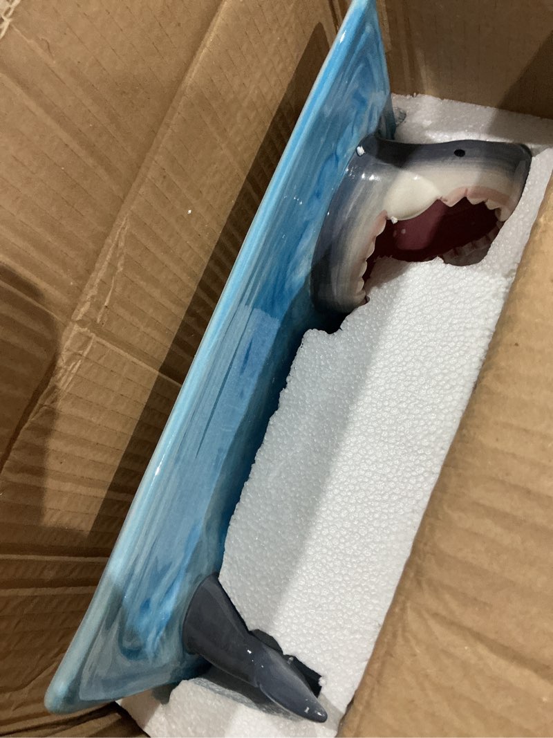 Condition photo showing As Is for shark charcuterie board, shark fish sushi plates, handmade ceramic taco holder, funny sharks party decorations platter tray with dipping sauce bowl, holiday birthday gifts for sharks party lovers light blue 1 pack