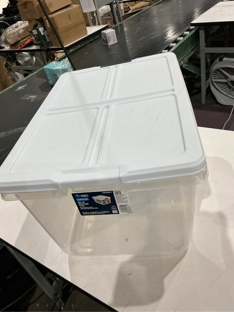 Condition photo showing As Is for project source medium 16.5-gallons (66-quart) clear, white tote with latching lid