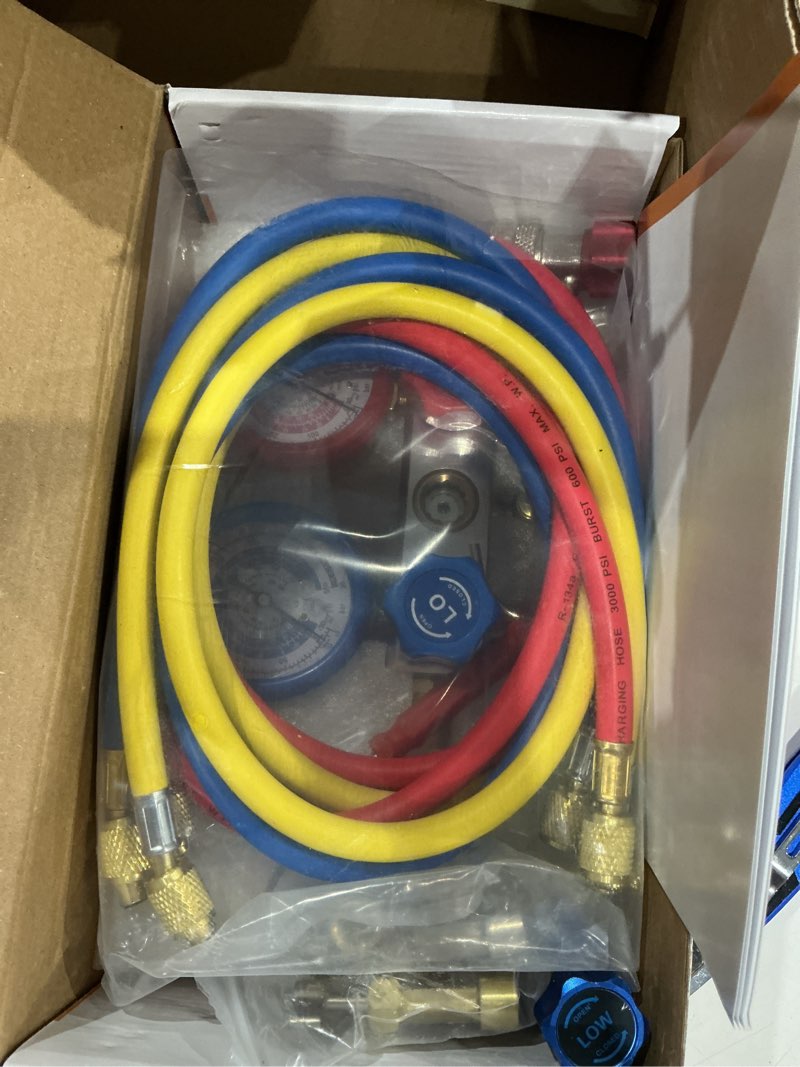 Condition photo showing As Is for bacoeng 3.6cfm 1/4hp ac vacuum pump and gauge set, hvac vacuum pump kit for auto air conditioning system, manifold gauge set for r134a r12 r410a refrigerants - w/ r134a can tap and quick couplers 3.6cfm & 3way