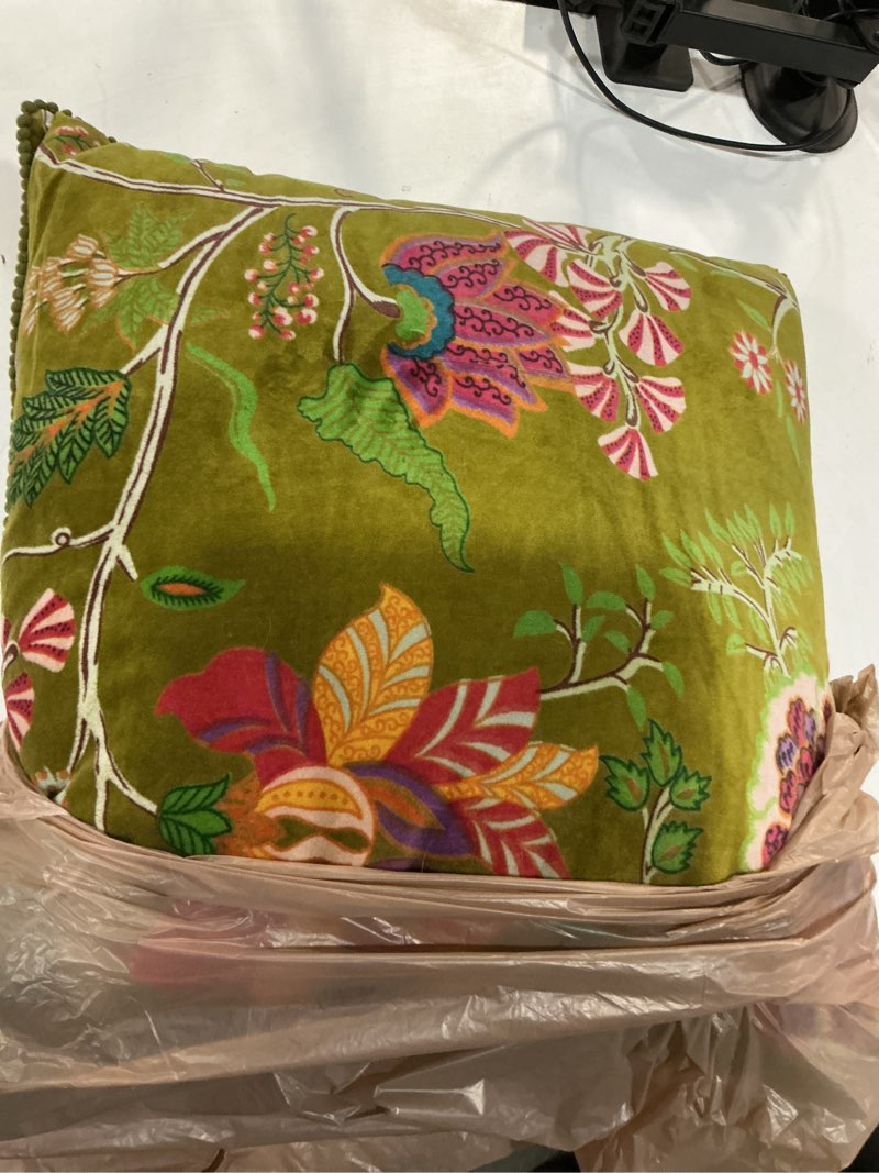 Condition photo showing As Is for creative co-op cotton blend velvet printed pillow with flowers and mini pom pom trim, multicolor