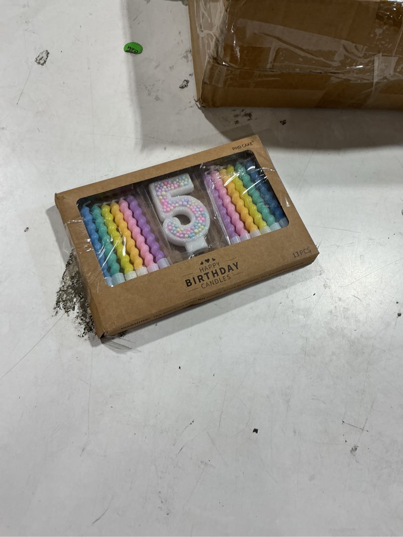 Condition photo showing New/Like New for phd cake number 5 birthday candle macaron glitter number candle with rainbow spiral candles in holders for cake topper, pastel sweet theme party decoration purple, blue, green, yellow, orange, pink 5