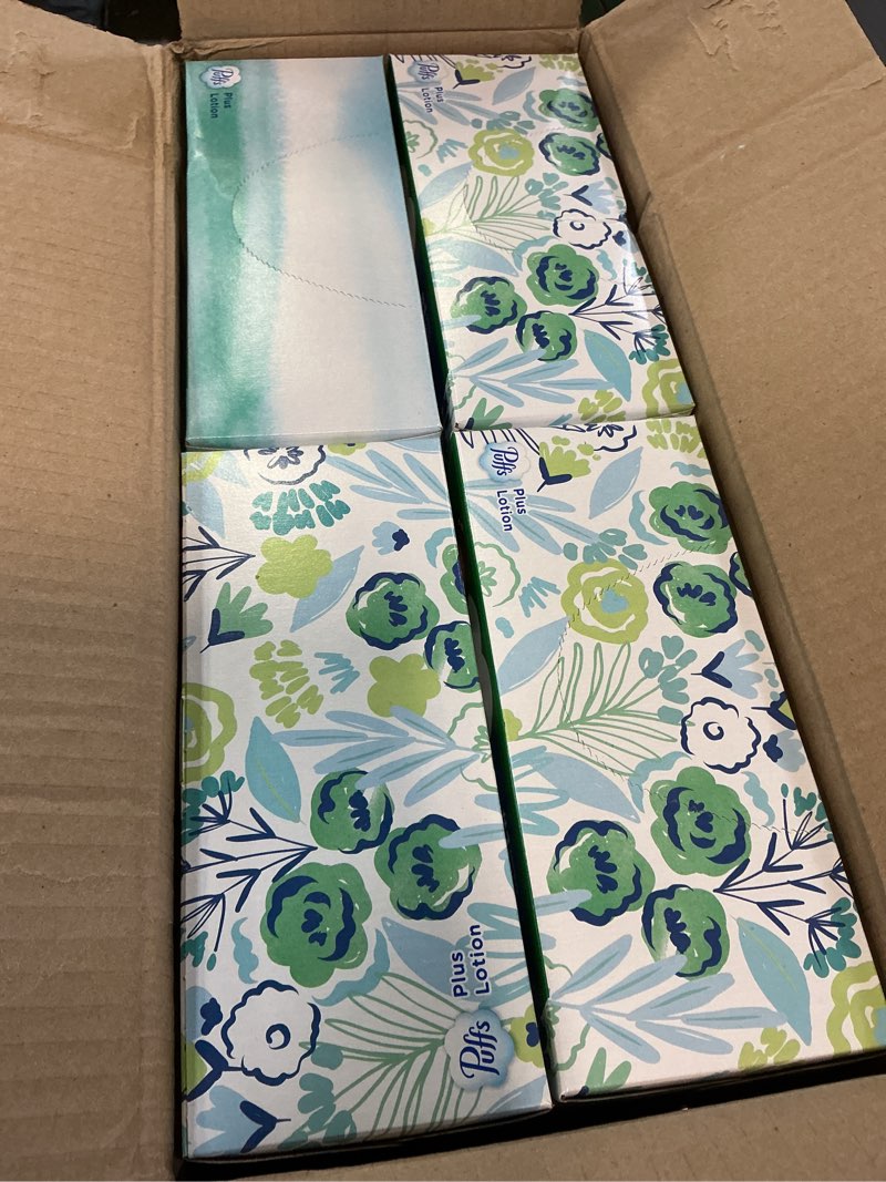 Condition photo showing New/Like New for puffs plus lotion facial tissues, 8 family boxes, 124 facial tissues per box, allergies and colds 124 count (pack of 8)