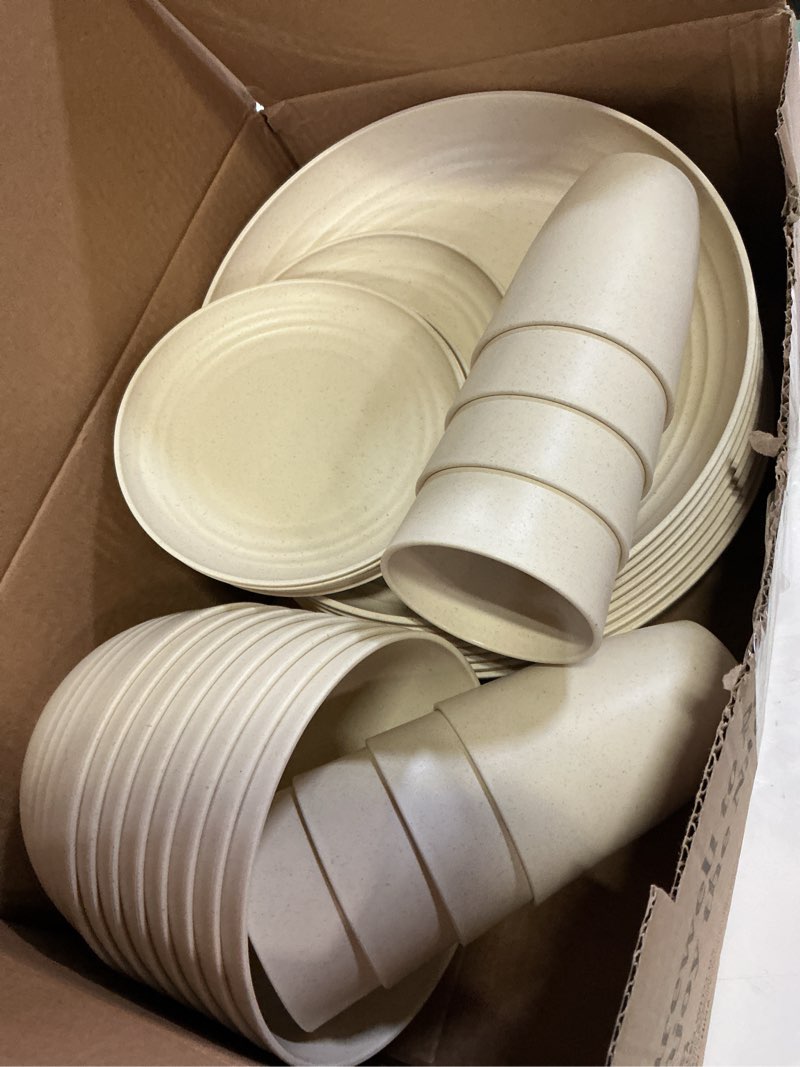Condition photo showing Good Condition for wheat straw dinnerware sets for 8, 32 pcs unbreakable plates and bowls sets, kitchen dish set - dinner plate/dessert plate/cereal bowl/cup, for outdoor camping rv apartment essentials - beige beige 32 pcs
