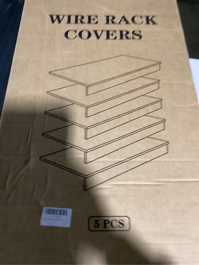 Condition photo showing New/Like New for wire shelf covers, 5pcs 26"x12" inch shelf covers for wire shelving, 0.39 inch thick (not wood), moisture resistant wires rack cover with no installation for pantry, closet, kitchen 12"w x 26"l