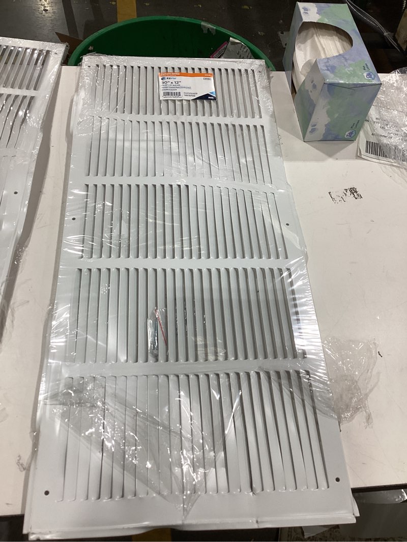 Condition photo showing As Is for EZ-FLO 30 x 12 Inch (Duct Opening) Return Air Vent Cover for Wall or Ceiling, Solid Steel Return Air Grille, HVAC Vent Cover, White, 61648 12" x 30" x 1" Grille