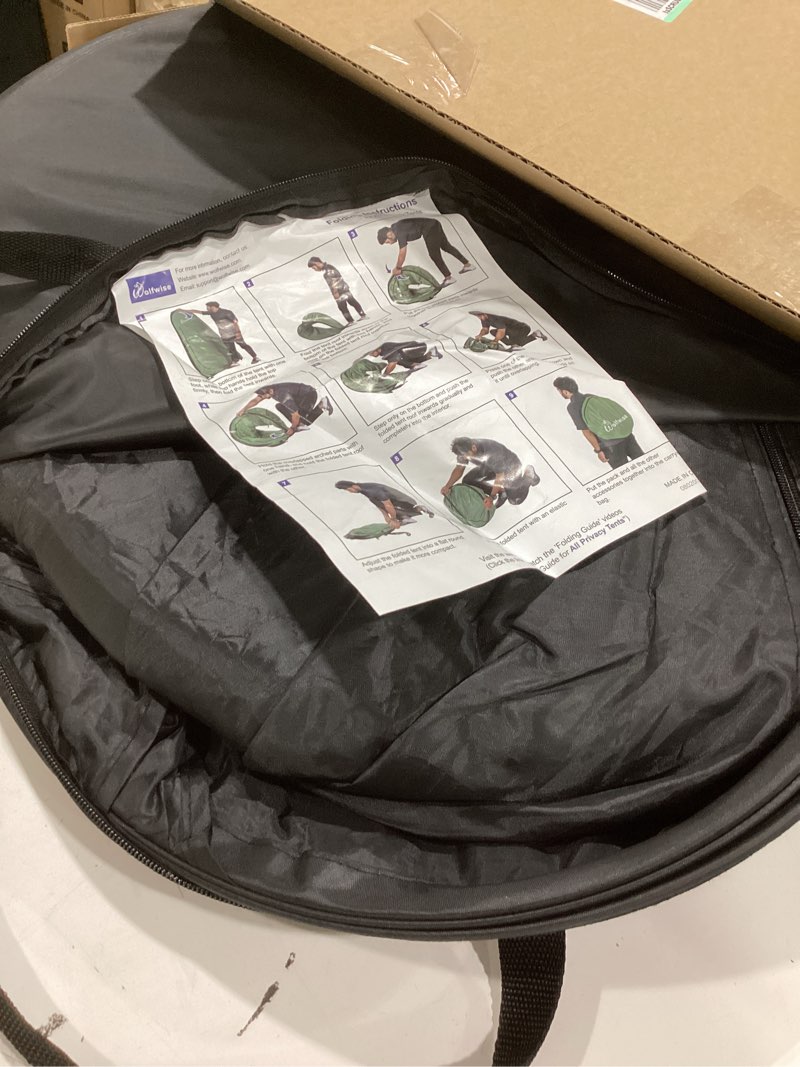 Condition photo showing As Is for wolfwise pop up shower tent for camping essentials, portable instant changing tent with ventilation window & carry bag, privacy dressing room bathroom toilet for beach & outdoor, standard, black black standard: 6'3" h, 39.4" w