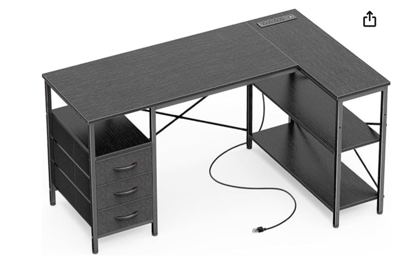 huuger l shaped office desk with power outlets, 47 inch computer desk with 3 drawers, shelves, for g