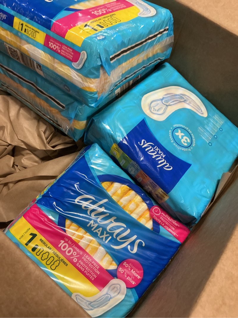 Condition photo showing New/Like New for (4 packs of 48 counts). Always Maxi Feminine Pads Without Wings for Women, Size 1, Regular Absorbency, Unscented 48 Count (Packaging May Vary)