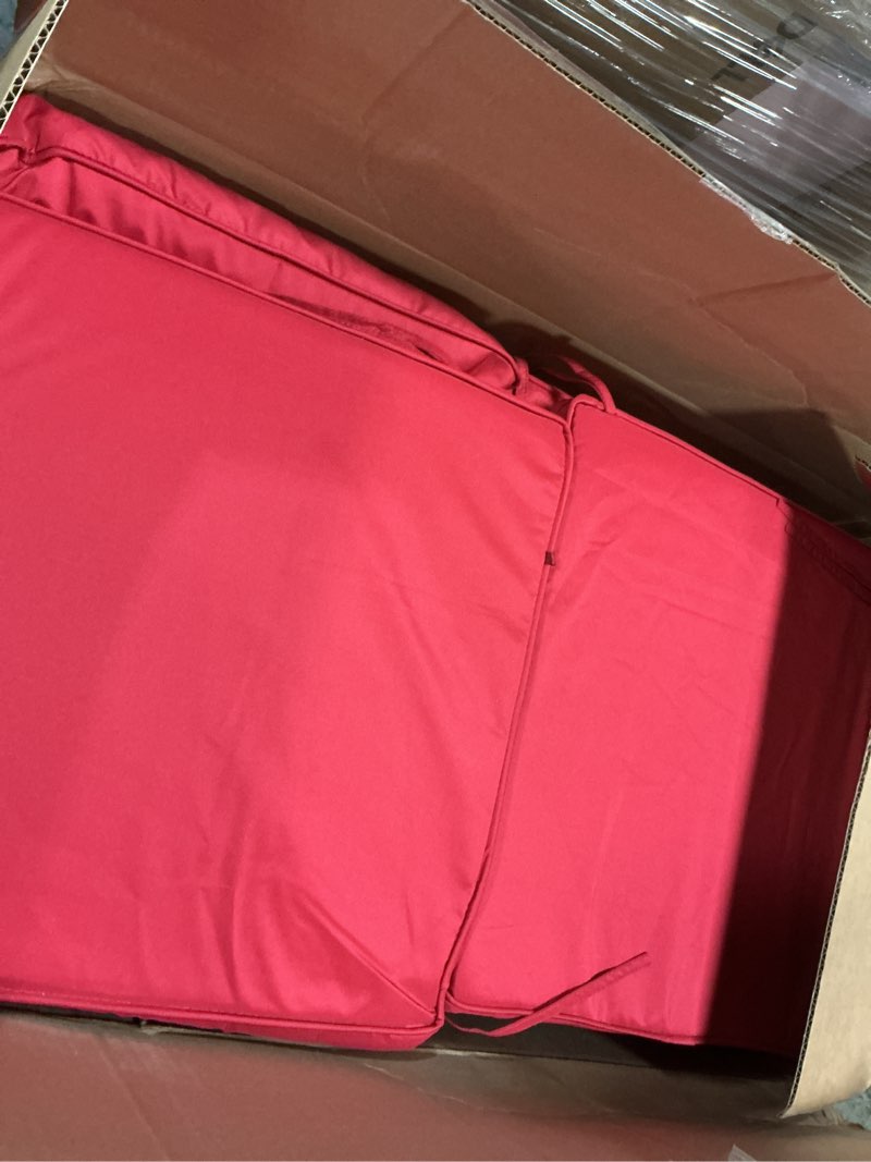 Condition photo showing Good Condition for summsun outdoor cushions for patio furniture, double-sided waterproof backrest and seat cushion set with removable cover, 19 x 19 inch, red, set of 2 19*19 + 19*17 inch red 2
