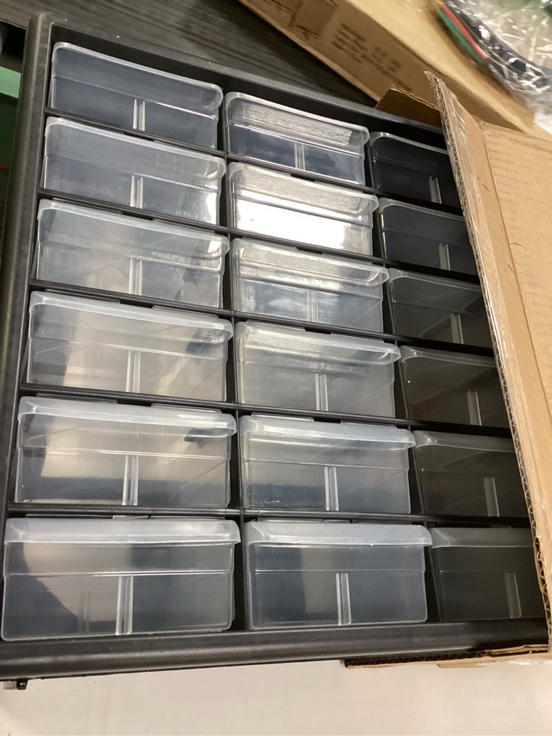 Condition photo showing Good Condition for Akro-Mils 24-Drawer Plastic Drawer Storage Cabinet for Garage Organization, Bead Organizer, Building Bricks Storage, Teacher Toolbox, Makeup Organizer, 20" W x 6" D x 16" H, 10124 Black Black 24 Drawer 1 pack