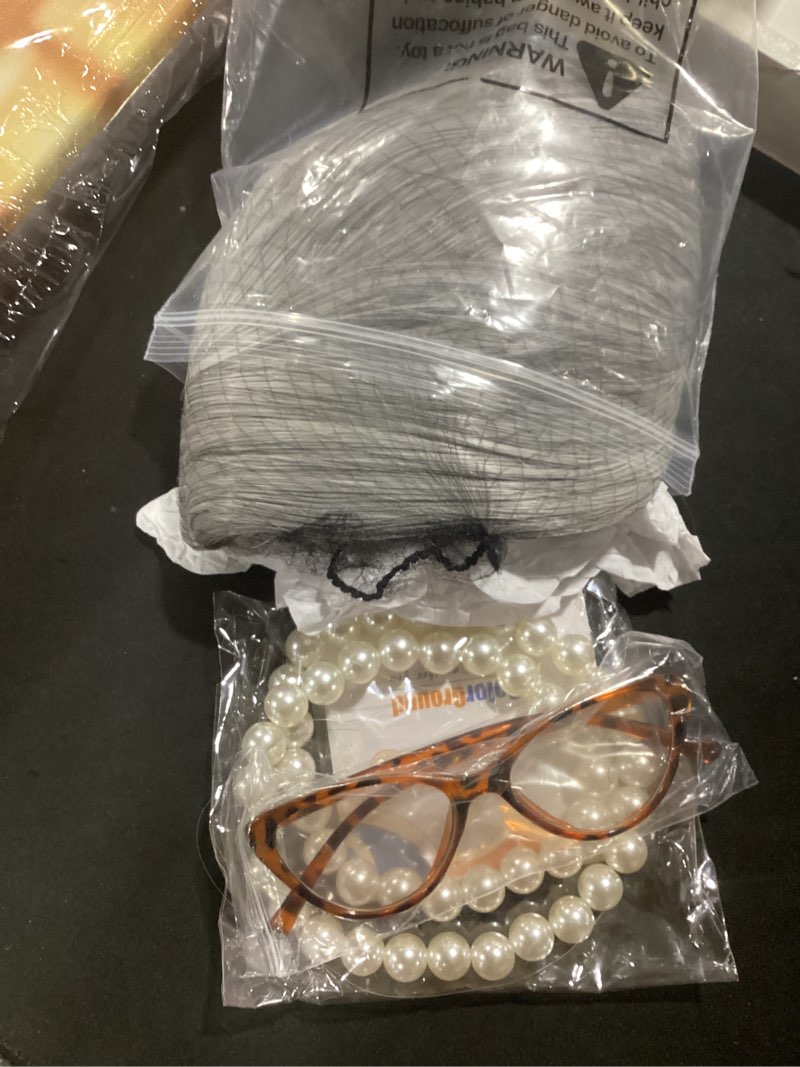 Condition photo showing New/Like New for colorground old lady silver gray cosplay wig with bun pearl necklace and glasses