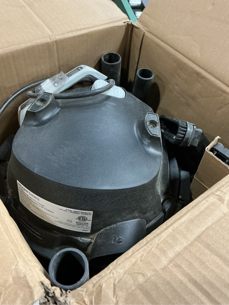 Condition photo showing As Is for amazon basics wet dry shop vacuum cleaner, 4 gallon, 3 hp stainless steel, grey/black 4 gallon shop, 3 hp