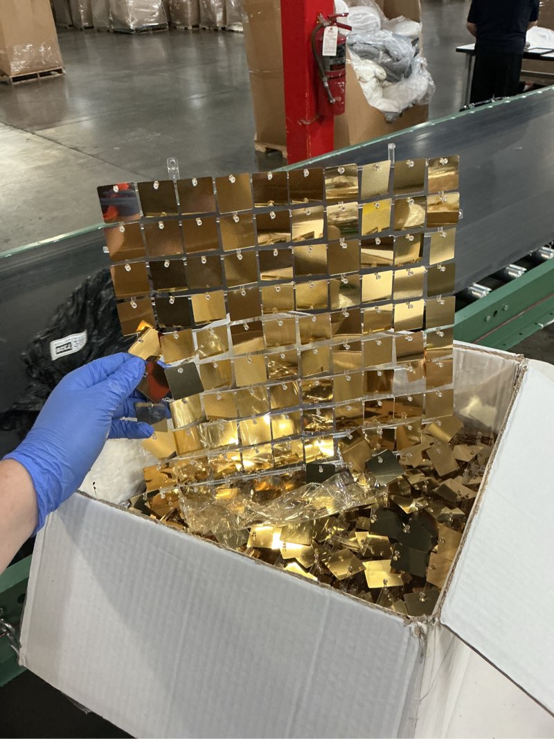 Condition photo showing Good Condition for 25 pcs pack mirror light gold shimmer wall backdrop sequin panels squares with interlock back tiles for events home decor wedding baby shower birthday decoration