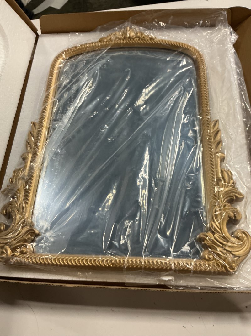 Condition photo showing New/Like New for Large Vintage Gold Table Mirror – 16" x 20" Antique Arched Design with Wooden Frame, Oversized Vanity Mirror for Bedroom, Living Room, Makeup Table