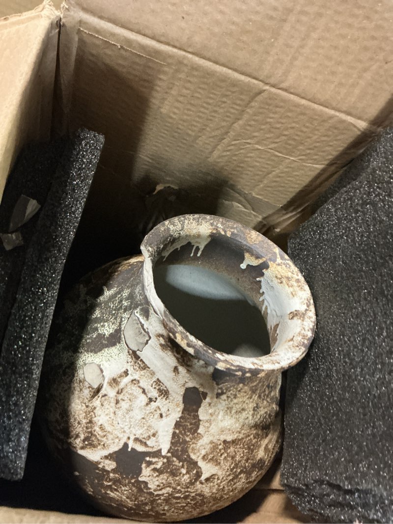 Condition photo showing As Is for Black Pottery Vase - 10" Rustic Farmhouse vase, Vintage Weathered Terracotta Vases, Handmade Clay vases with Two Handles, Tall Textured Antique Vase for Home Decor, Entryway, Fireplace Mantel Decor Brown