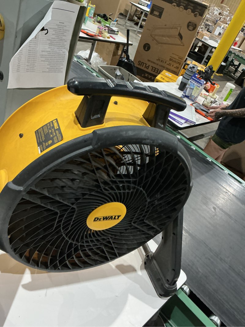 Condition photo showing As Is for dewalt 16-inch high-velocity floor fan, 3-speed plug-in shop fan, compact 360° adjustable drum fan for garage, workshop, warehouse and basement, dxf1616