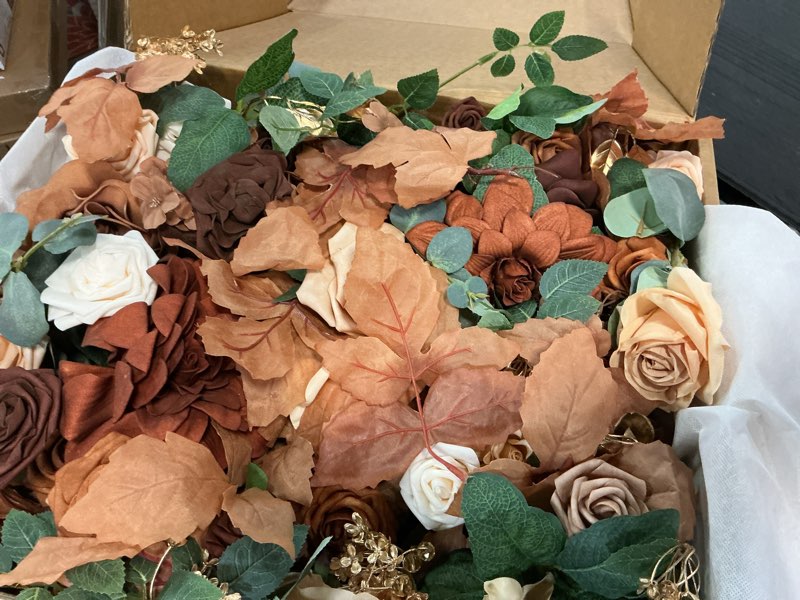 Condition photo showing Good Condition for Ling's Moment Deluxe Wedding Arch Flowers with Sheer Drapes Kit - Artificial Walnut Brown Floral Arrangements for Ceremony Backdrop, Garden Arbor Decor, 5-Piece Set (2 Flower Stems + 3 Hanging Drapes) Brn-walnut Brown