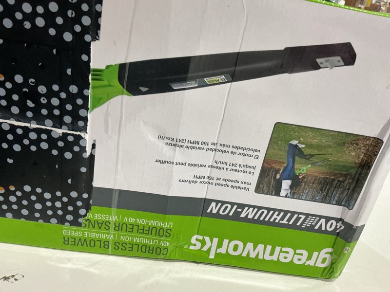 Condition photo showing As Is for greenworks 40v (350 cfm / 100 mph) cordless axial leaf blower, adjustable speed, lightweight handheld for fall yard, patio, driveway cleaning, 2.0ah battery & charger included axial blower (2.0ah)