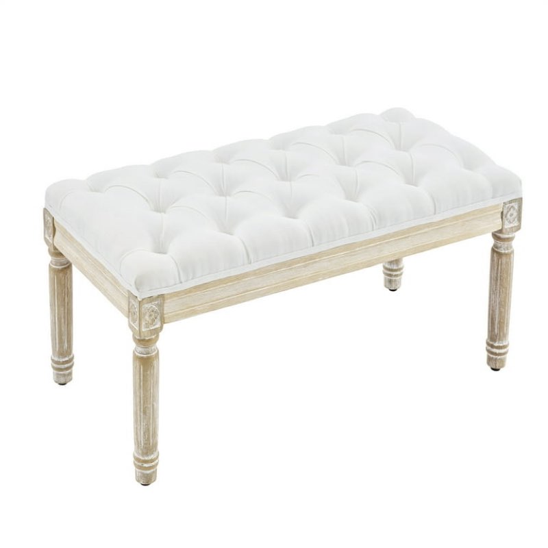 Upholstered Fabric Entryway Bench, Tufted Piano Bench for 2 People, Rubber Wood Legs with Beautiful Carved Pattern for Bedroom/Living Room/Dining Room (Beige)