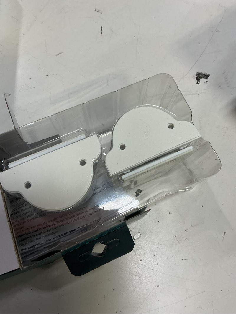Condition photo showing As Is for safety 1st secure-to-explore adhesive magnetic locks 2 locks/1 key, white
