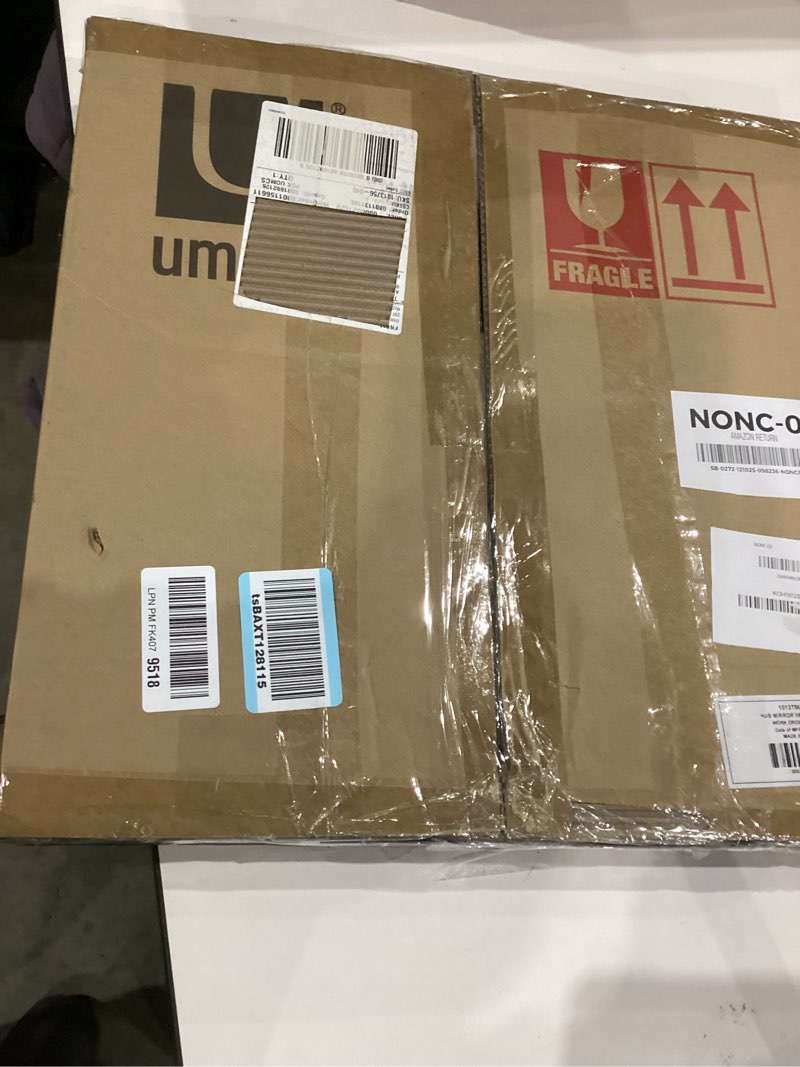 Condition photo showing New/Like New for Umbra Hub Round Wall Mirror with Rubber Frame, Modern Style for Bathroom, Entryway, Living Room and More, 18-Inch, Black 18"L x 1"W Black