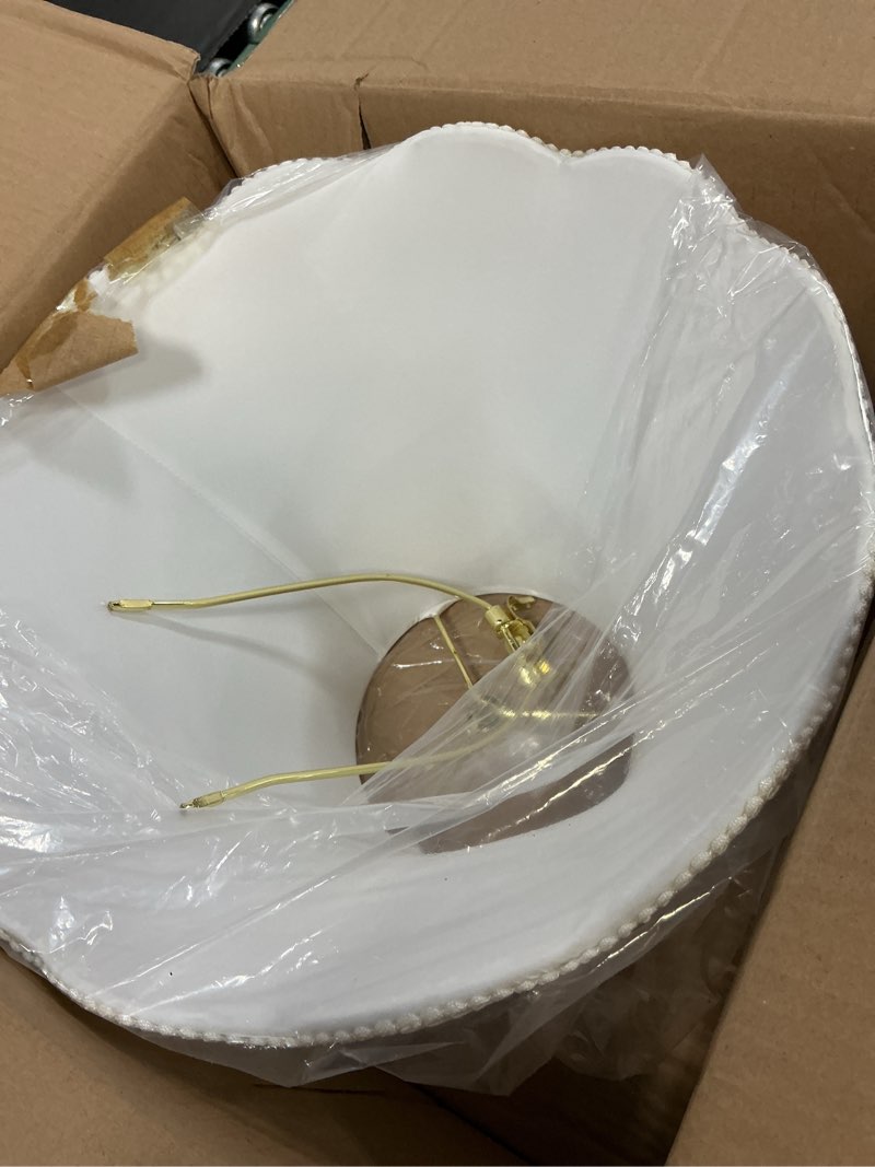 Condition photo showing Good Condition for white bell scalloped lampshade, 7" top x 14" bottom x 10" vertical height, solid lamp shade replacement with brass harp set for table lamp, double layer polyester fabric lamp cover, pack 1 7'' x 14'' x 10'' white