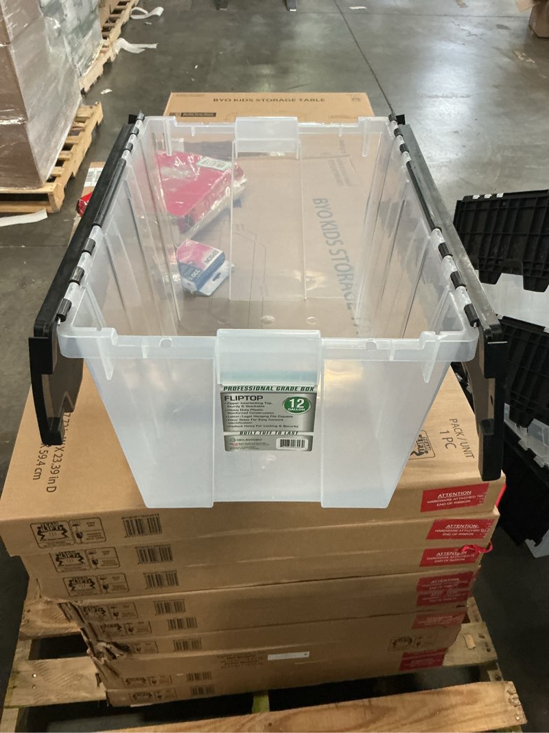 Condition photo showing As Is for greenmade instaview 12 gal black/clear hinged-lid tote 12.9 in. h x 15.3 in. w x 21.6 in. d stackabl