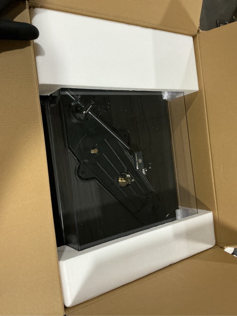 Condition photo showing As Is for qlearsoul one-q vinyl record player (black), all-in-one hifi turntables with built in speakers, bluetooth 5.4, phono preamp, magnetic cartridge at-3600l, 33/45 rpm two speed, aux-in, auto off