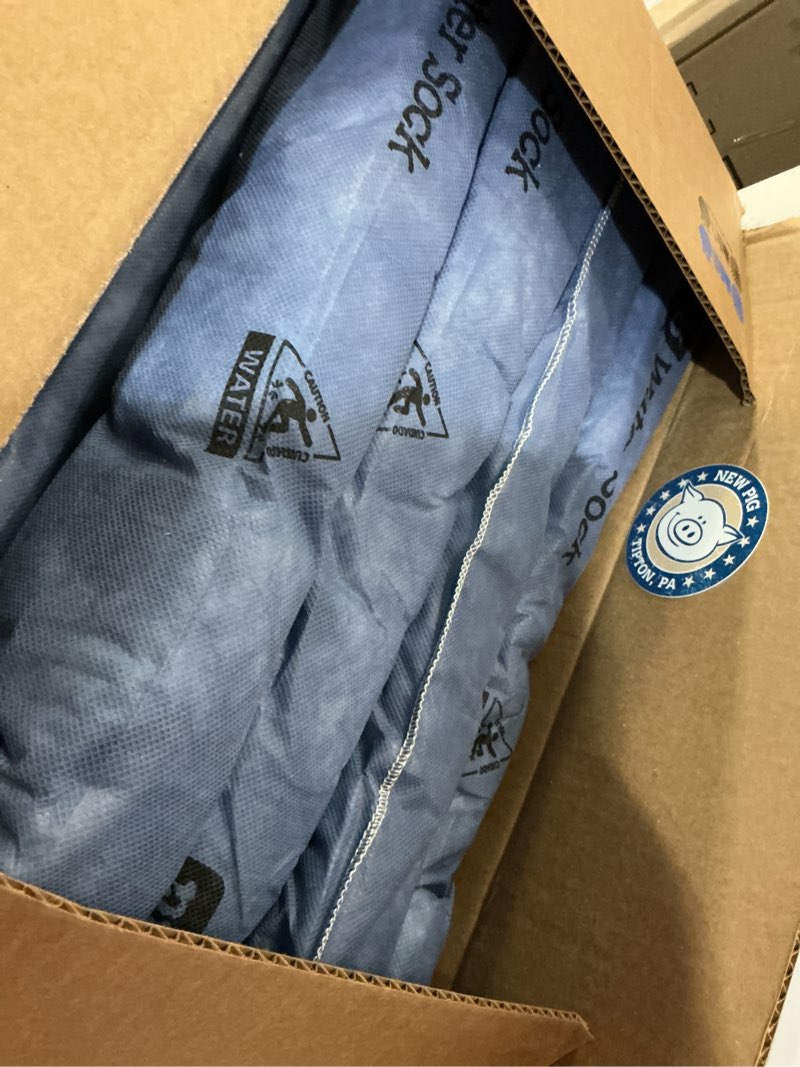 Condition photo showing New/Like New for pig super absorbent sock for water - 12 pack - 3" x 48" - absorbs up to 1.75 gallons per sock - pm50636 blue 3" x 4' 12-pack