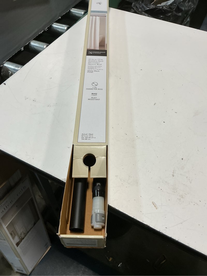 Condition photo showing As Is for allen + roth 42-in to 72-in black matte tension single straight adjustable shower curtain rod
