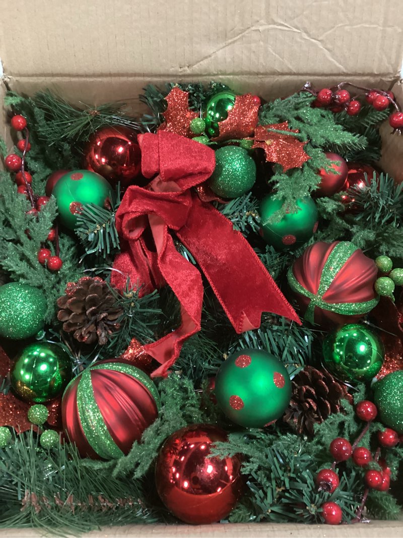 Condition photo showing Good Condition for Christmas Wreath for Front Door, 22 Inch Large Outdoor Christmas Wreath, Lighted Xmas Wreath with Red Green Ball Ornaments Velvet Bow and 30 LED Lights for Fireplace Window Holiday Decor