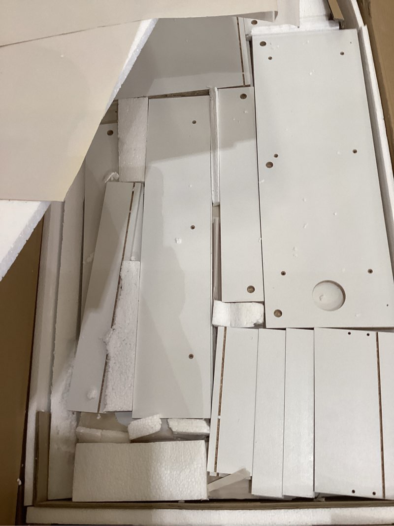 Condition photo showing As Is for vasagle kailyn collection - vanity desk with mirror and 9 led bulbs, vanity makeup table with power outlets, dressing table with 2 cabinets, for bedroom, cloud white urdt142wb01s 43.3"w 3 drawers 2 cabinets vanity desk - cloud white