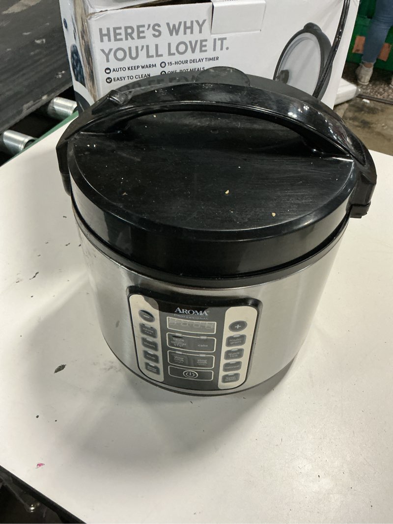 Condition photo showing As Is for aroma housewares professional plus arc-5000sb 20 cup (cooked) digital rice cooker, food steamer, slow cooker, stainless exterior/nonstick pot, silver, black, 10-cup uncooked/20-cup cooked/4qt