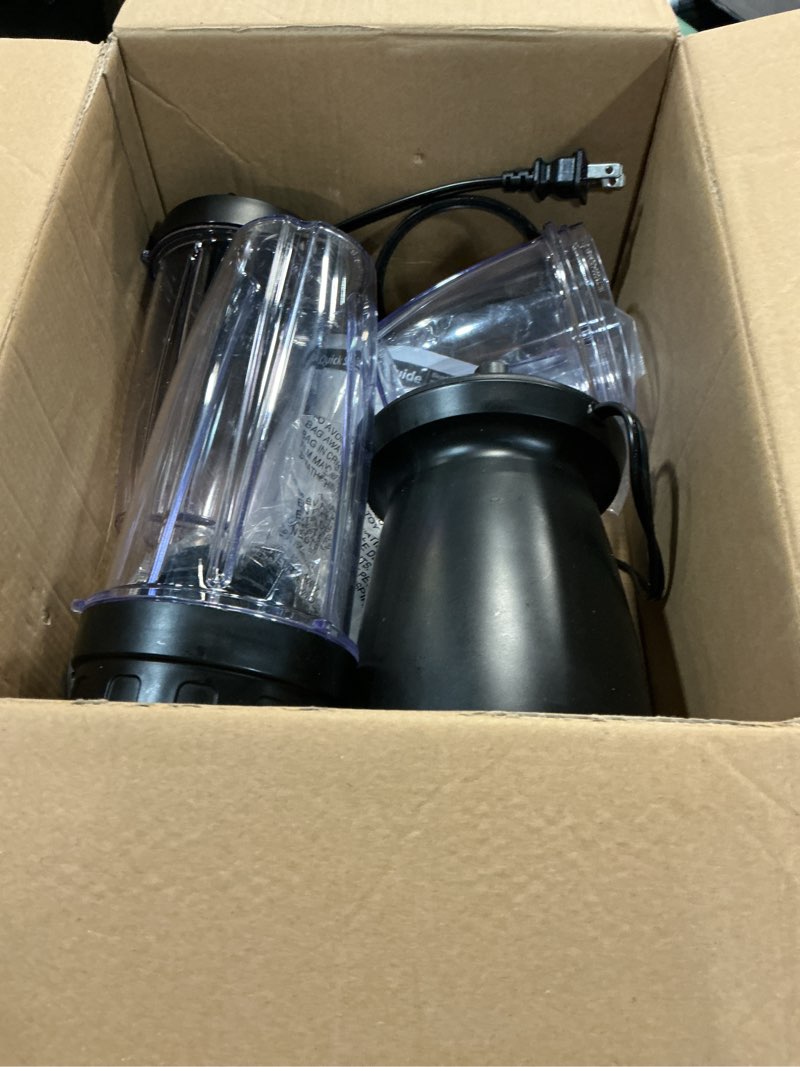 Condition photo showing As Is for 10-piece blender set, black, 300w, with 3 jars (10oz, 16oz, 18oz), 2 drinking lids, multi-functional, compact and powerful blender set