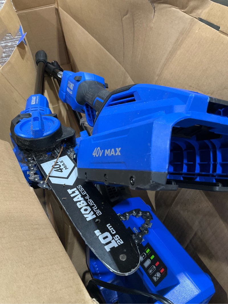 Condition photo showing As Is for kobalt gen4 40-volt 10-in 2 ah battery pole saw (battery and charger included)