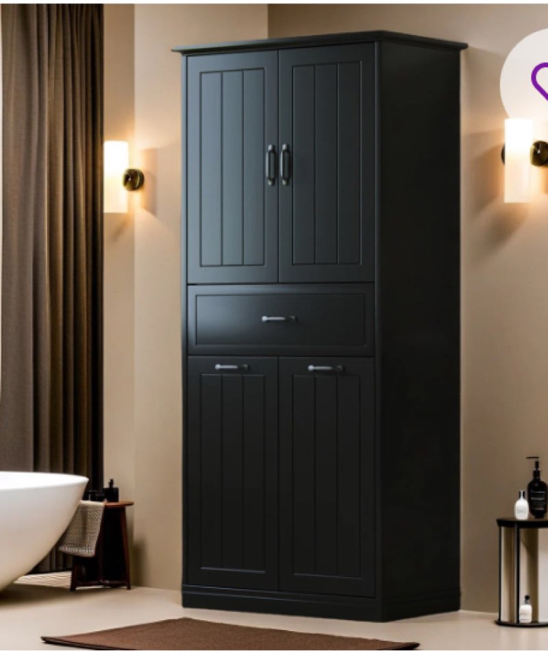  Modern Bathroom Storage Cabinet With Two Laundry Baskets, Doors And Drawer For Home Organization