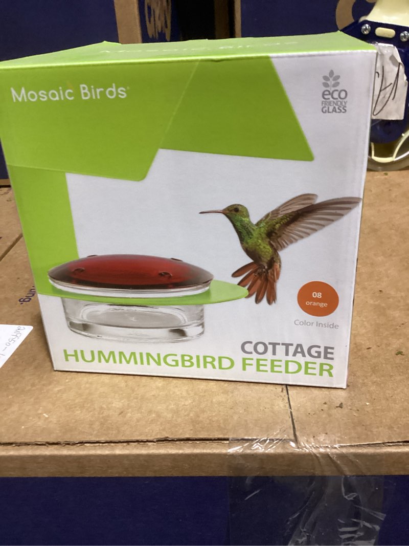 Condition photo showing New/Like New for Mosaic Birds Cottage Hummingbird Feeder  M447-301-O  3.4 Ounce Capacity  Orange  1 Piece