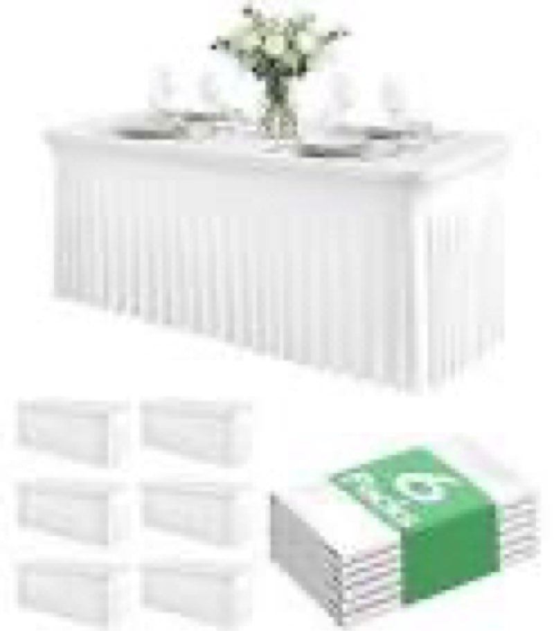 6 pack spandex table cover skirts for 6ft rectangle tables, white stretch table cloths with floor-le