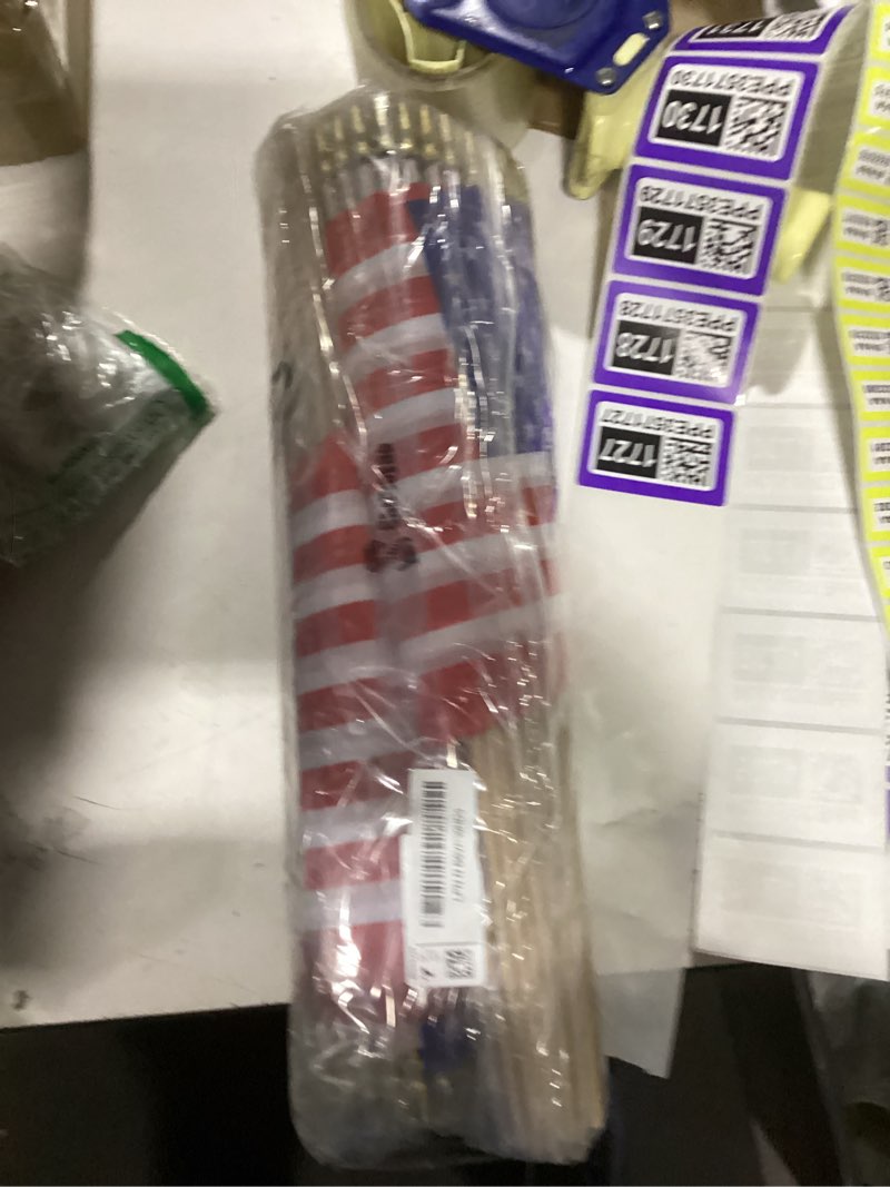 Condition photo showing As Is for 150 pcs small american flags on stick, 8 x 12 inch mini us flags wooden stick bulk hand held stick flags for lawn yard 4th of july decorations independence memorial day patriotic parades veteran party