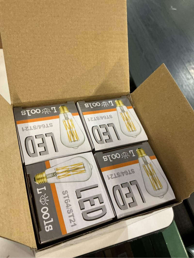 Condition photo showing New/Like New for led edison bulb dimmable 12w 3000k soft white 1200lm, 100w equivalent e26 medium base, st64 vintage led bulbs, 360 degree beam angle, clear glass, pack of 4. antique