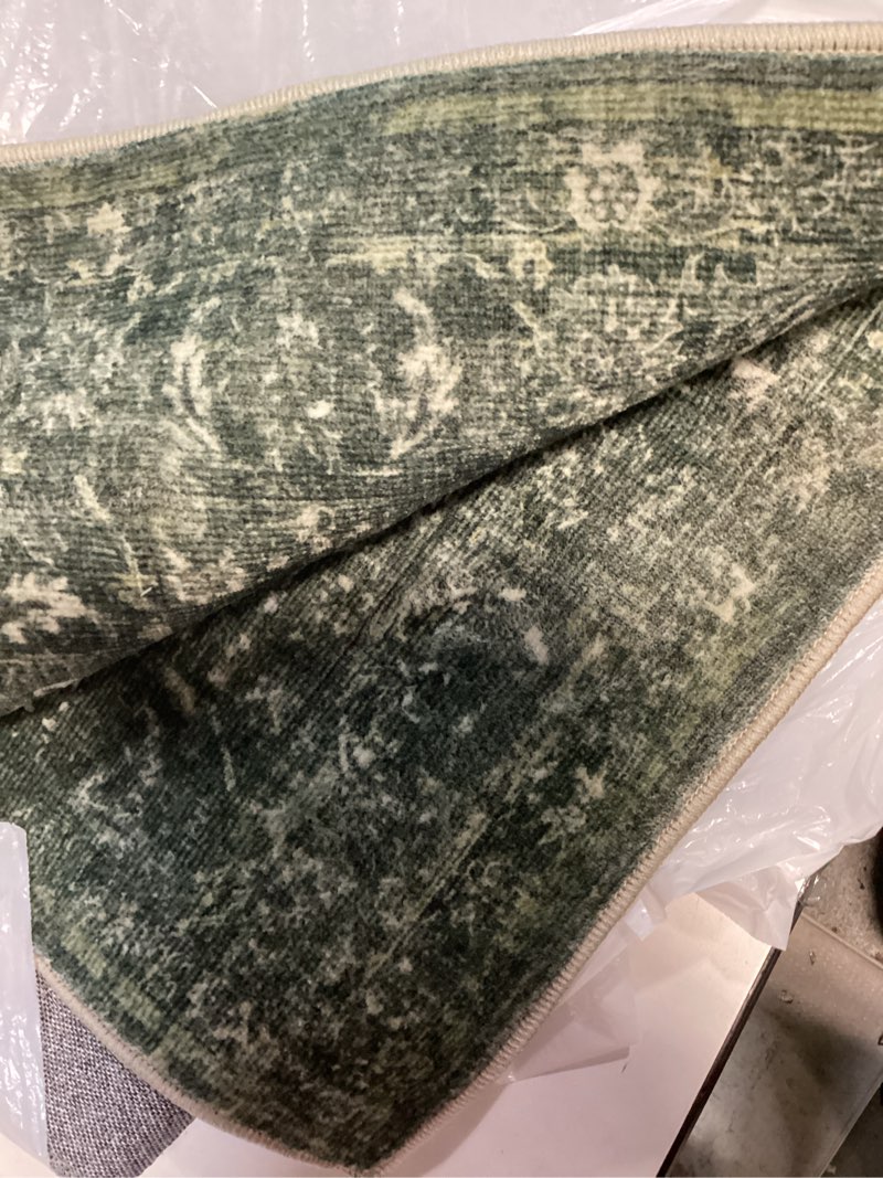 Condition photo showing As Is for 3x12 green runner rug hallway washable area rugs kitchen vintage boho non slip long rug floral carpet indoor retro soft low pile throw rug for bedroom bathroom laundry dining living room office dark green 3' x 12' (runner)