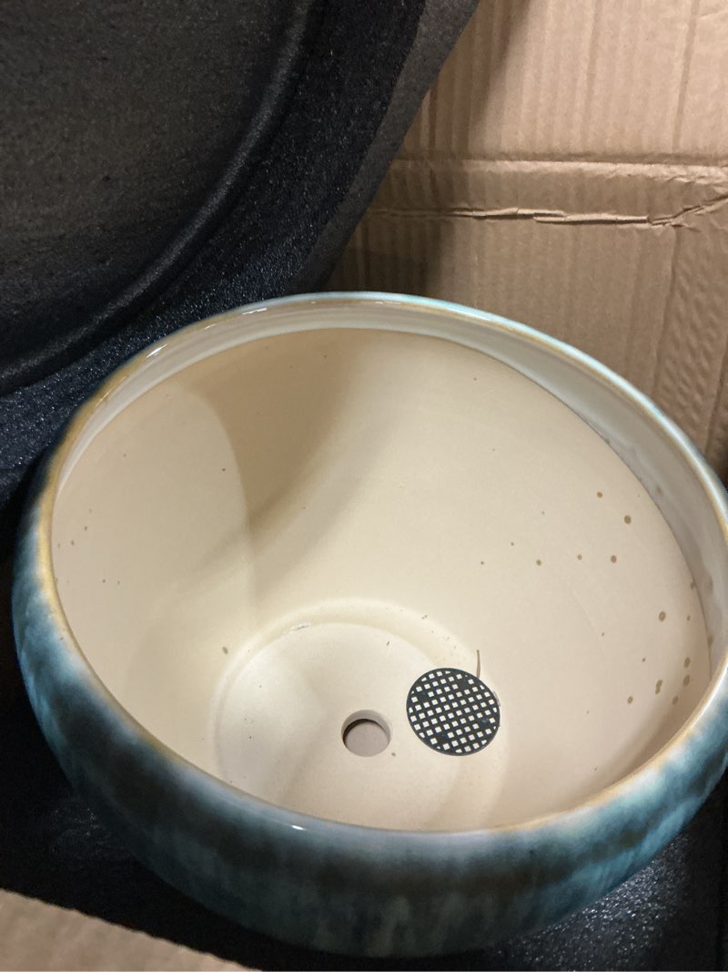 Condition photo showing As Is for deep dream 10 inch plant pot- ceramic planter pot round plant pots for indoor plants outdoor large flower pot with drainage holes & trays, white&green white&green 10 inch