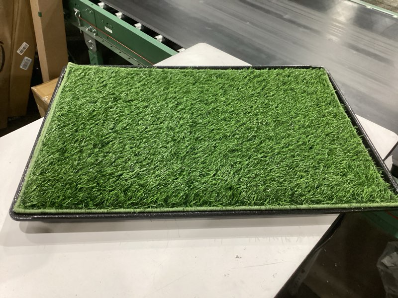Condition photo showing New/Like New for dog grass pad with tray large 34’’×23’’, dog litter box with odor free artificial grass pee pads for dogs potty tray with hemmed edge, realistic for indoor balcony large for dog? 28" length