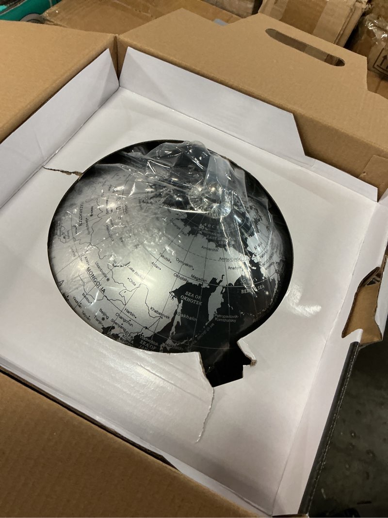 Condition photo showing As Is for annova metallic world globe black – educational/geographic/modern desktop decoration - stainless steel arc and base/earth world - metallic black - for school, home, and office (10-inch)