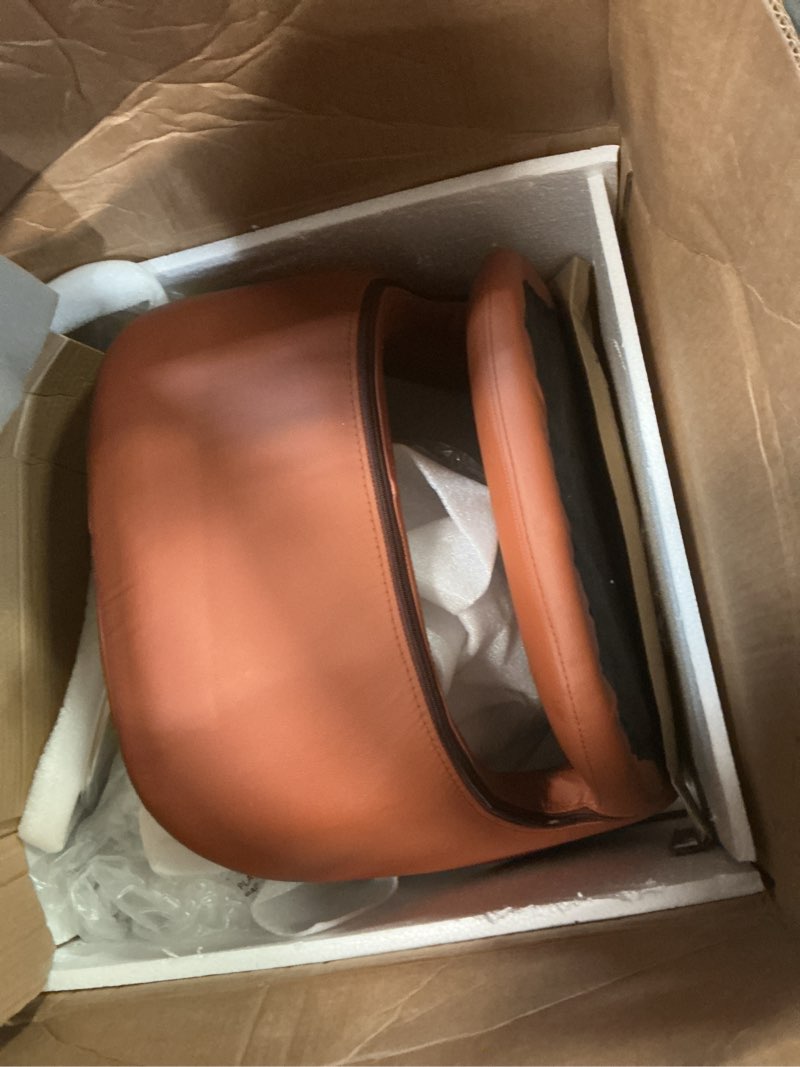 Condition photo showing As Is for flash furniture erik comfortable & stylish contemporary barstool with rounded mid-back and foot rest, adjustable height - cognac vinyl with chrome base cognac vinyl/chrome frame set of 1
