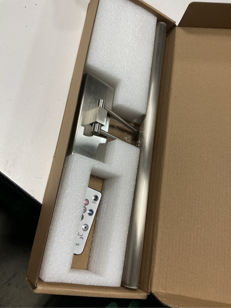 Condition photo showing As Is for picture light, 16 inches art light, picture light battery operated,3cct picture lights for wall,battery operated wall lights,gallery light for wall,photo,library (satin nickel) brush nickel 16inches