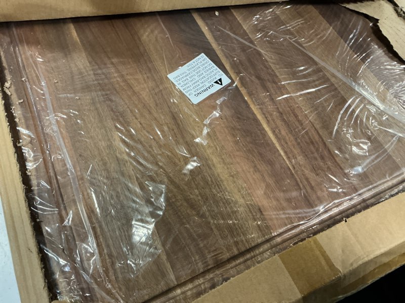 Condition photo showing New/Like New for acacia wood stove cover for gas & electric burners, 28.82”x20.83”x2.12'' (inner) noodle board with handles, cutting board with juice groove, serving tray (natural acacia)