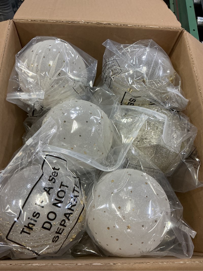Condition photo showing Good Condition for 12 Pcs 6" Large Christmas Ball Ornaments Huge Champagne Glitter Ball Ornaments Christmas Tree Hanging Decoration Gold and Clear White Balls with Ribbon Holiday Modern Luxury Decor for Home