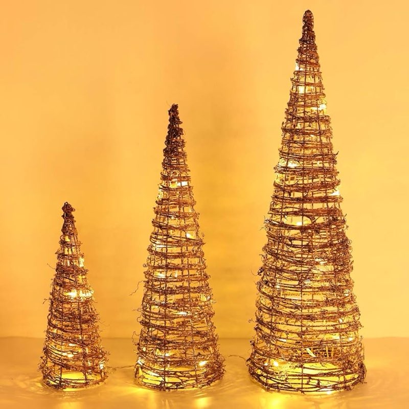 Motionchic 3 Set Lighted Christmas Cone Tree with Winding Rattan Vine(24/18/12) Timer and Battery Po